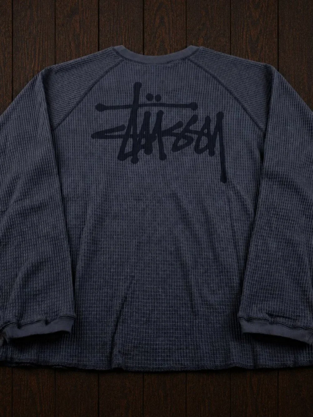Stüssy Waffle Knit Thermal Crewneck Long Sleeve Shirt Charcoal Gray XL - Picture 2 of 4